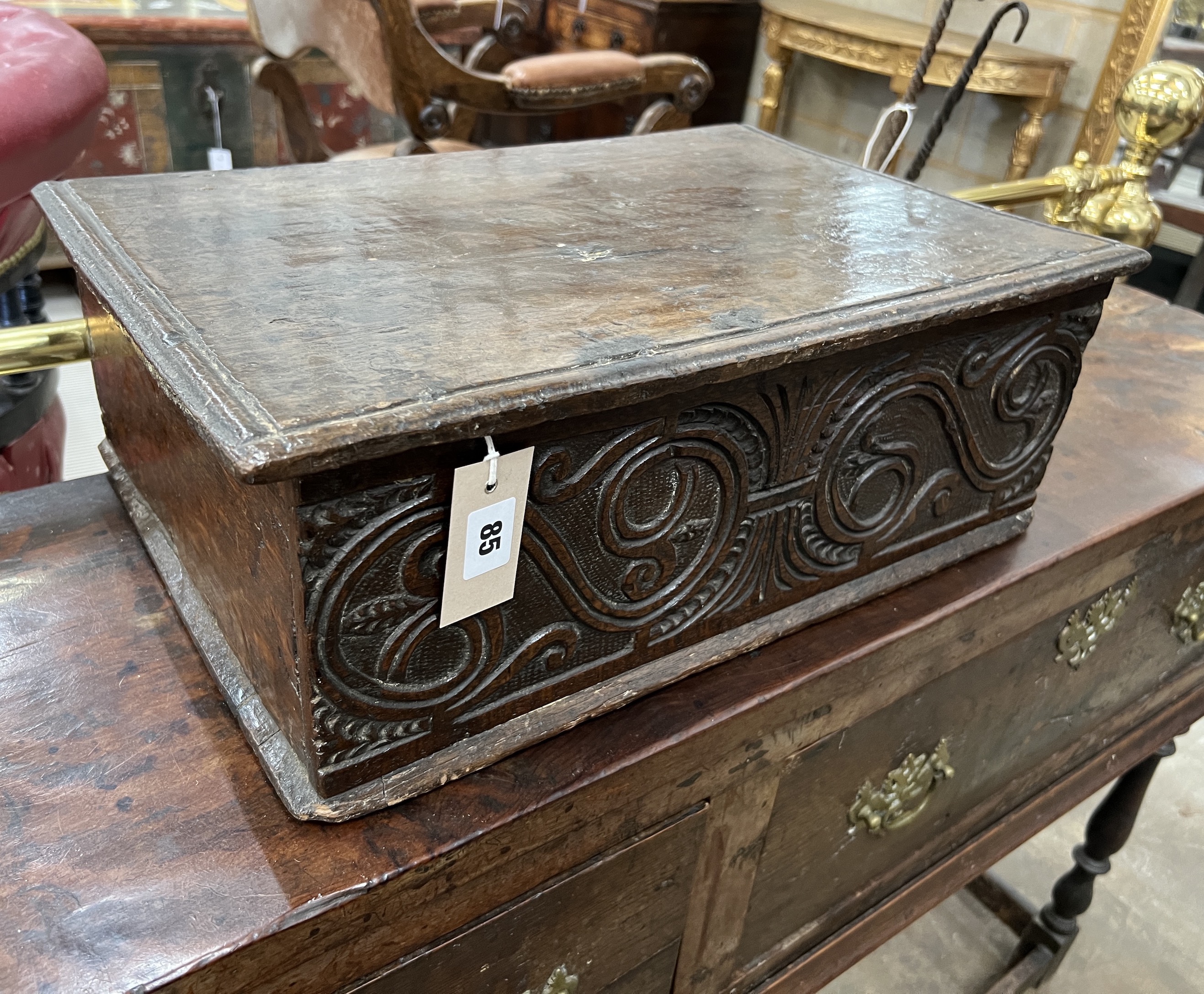 A 17th century oak bible box, width 49cm, depth 32cm, height 18cm